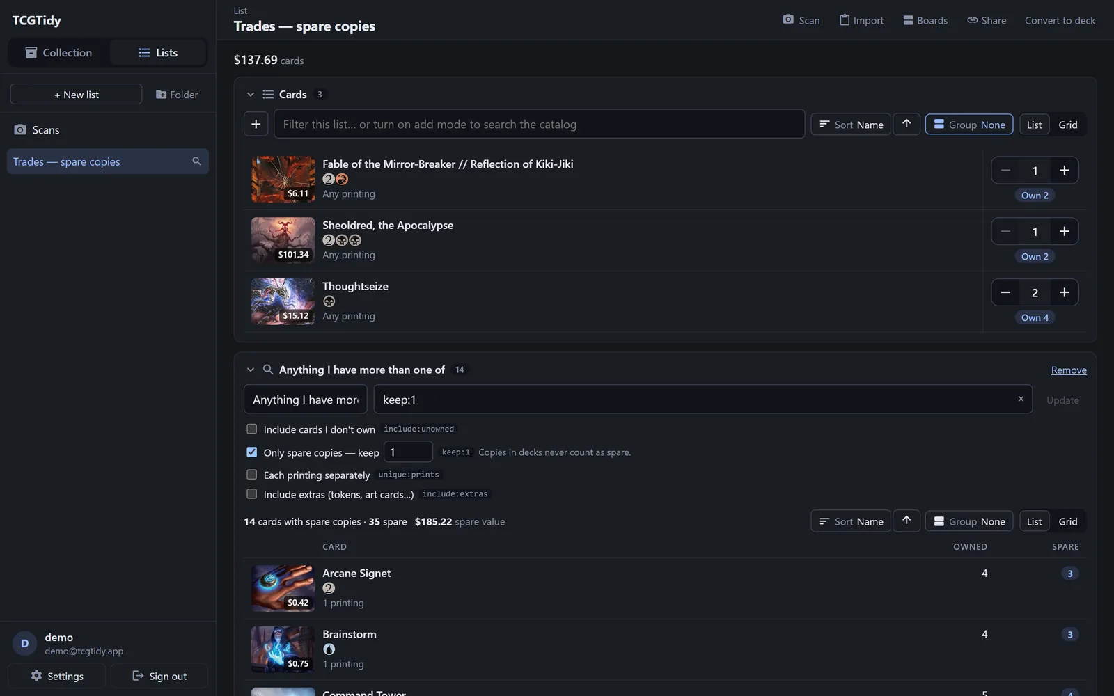 A trade list with hand-picked cards and a saved search showing spare copies and their value.
